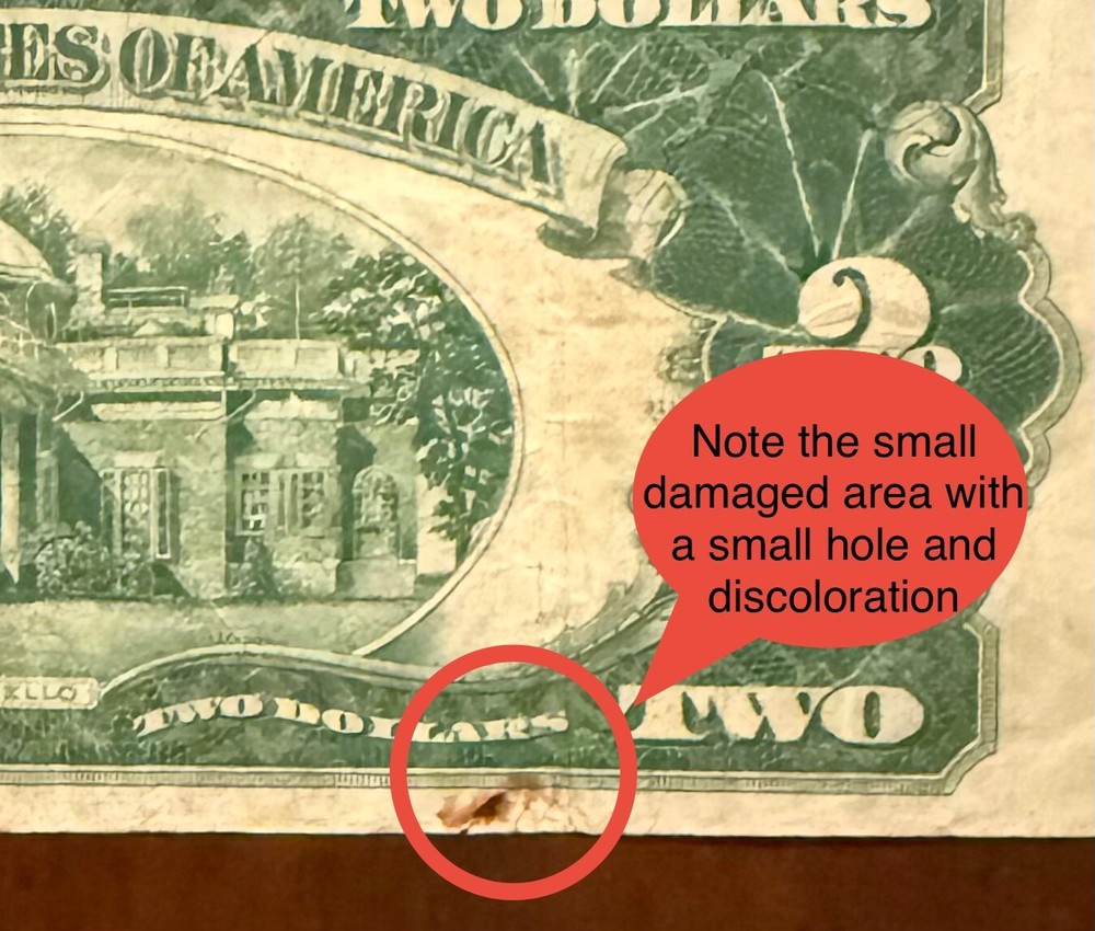 1928 D $2 U.S. Red Seal Treasury Note Misaligned Obverse Print & Sheet Cut Error
