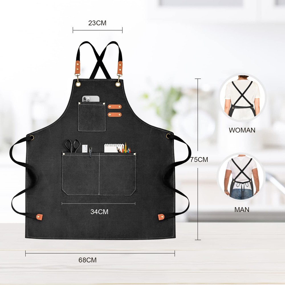 Chef Apron With Pockets, Cross Back Support, Durable Canvas, Black