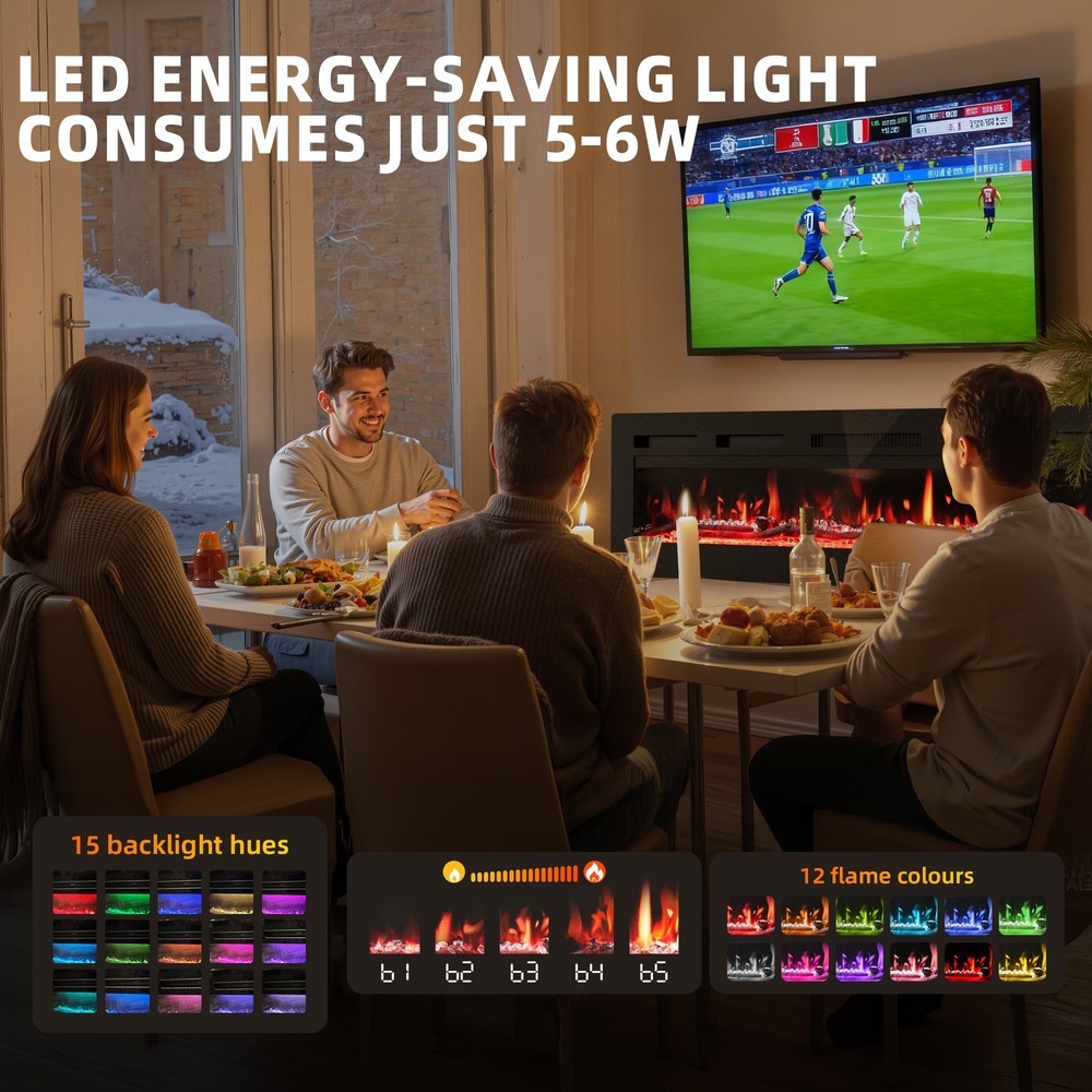 40"Electric Fireplace Wall Mounted Adjustable Heat Remote Backlight Colors Timer