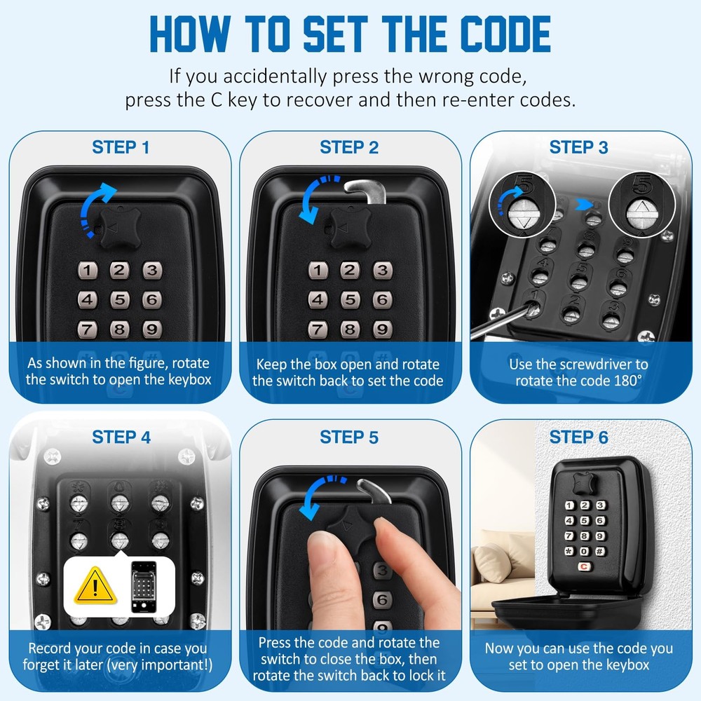 Key Lock Box Wall Mounted Key Storage Box Waterproof 12 Digit Combination Sec...