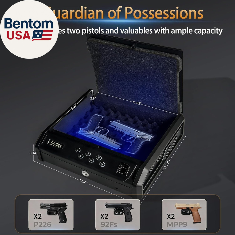 Gun Safe，With 3 Quick-Access Fingerprint，Passcode，Key.With LCD Display，With Pist