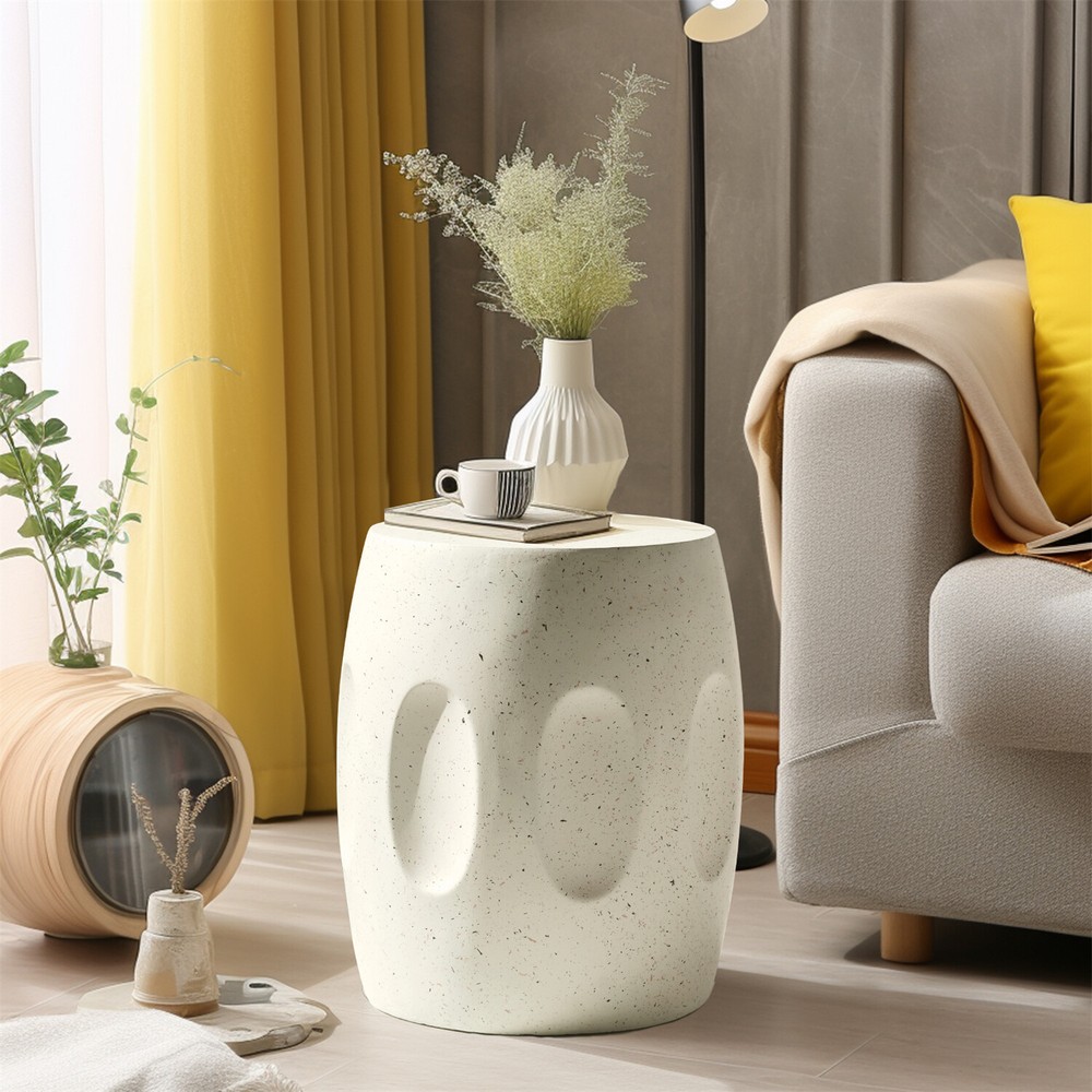 Off-white Round End Table Coffee Sofa Side Table Drum Shape Solid Concrete