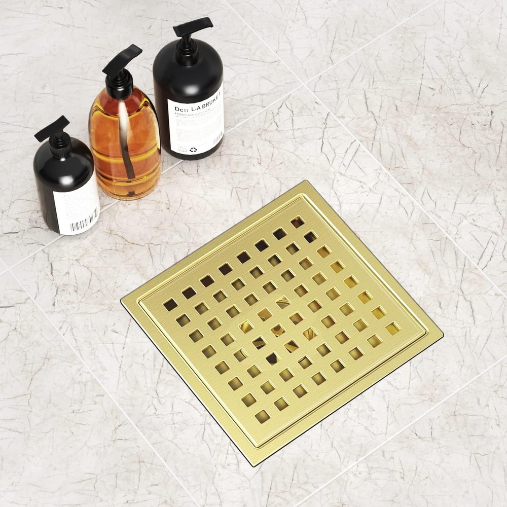 Removable Brushed Gold 6" Square Shower Floor Drain With Flange Pattern Grate