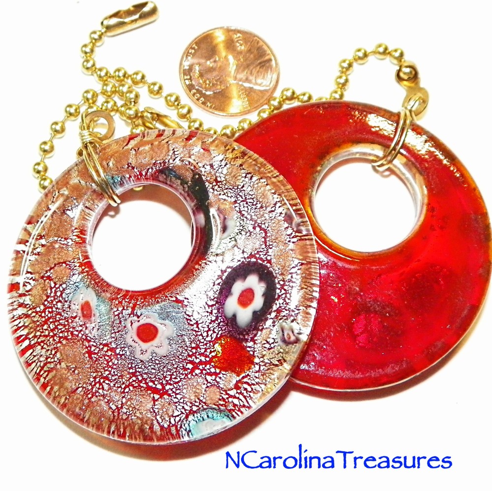 RED GLITTER CIRCLE ART GLASS CEILING FAN LIGHT SWITCH PULL CIRCULAR LARGE PAIR