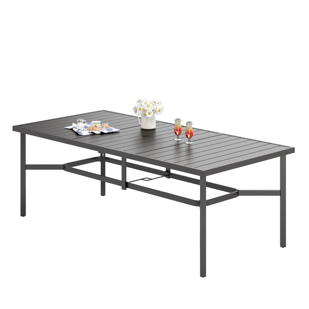Outdoor Patio Table Rectangular Dining Table with Umbrella Hole for 8 Person