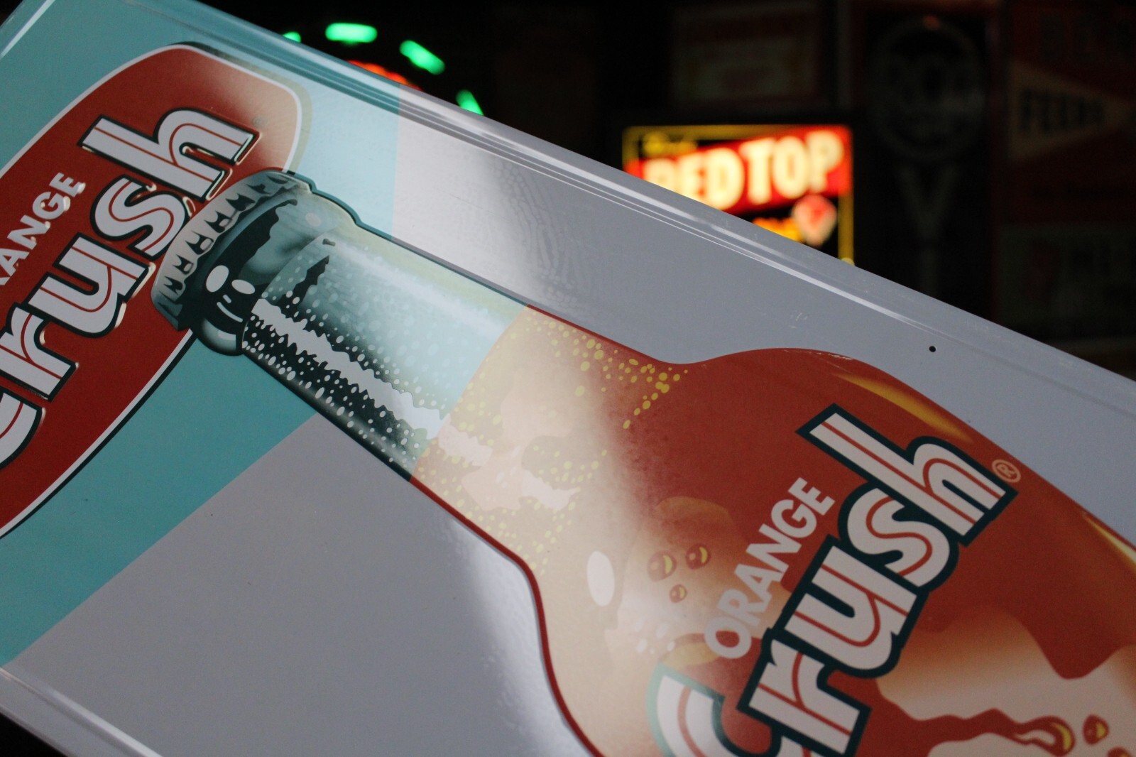 RARE ENJOY ORANGE CRUSH SODA POP VERTICAL EMBOSSED METAL SIGN BOTTLE STORE GAS