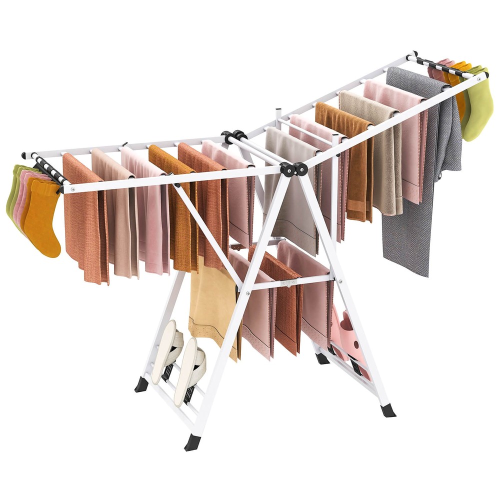 Foldable Metal Laundry Drying Rack w/Height Adjustable Wings, 18 Drying Rails