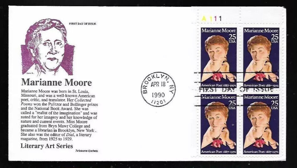 POET MARIANNE MOORE ARISTOCRAT CACHET PLATE#BLOCK FDC UNADDR