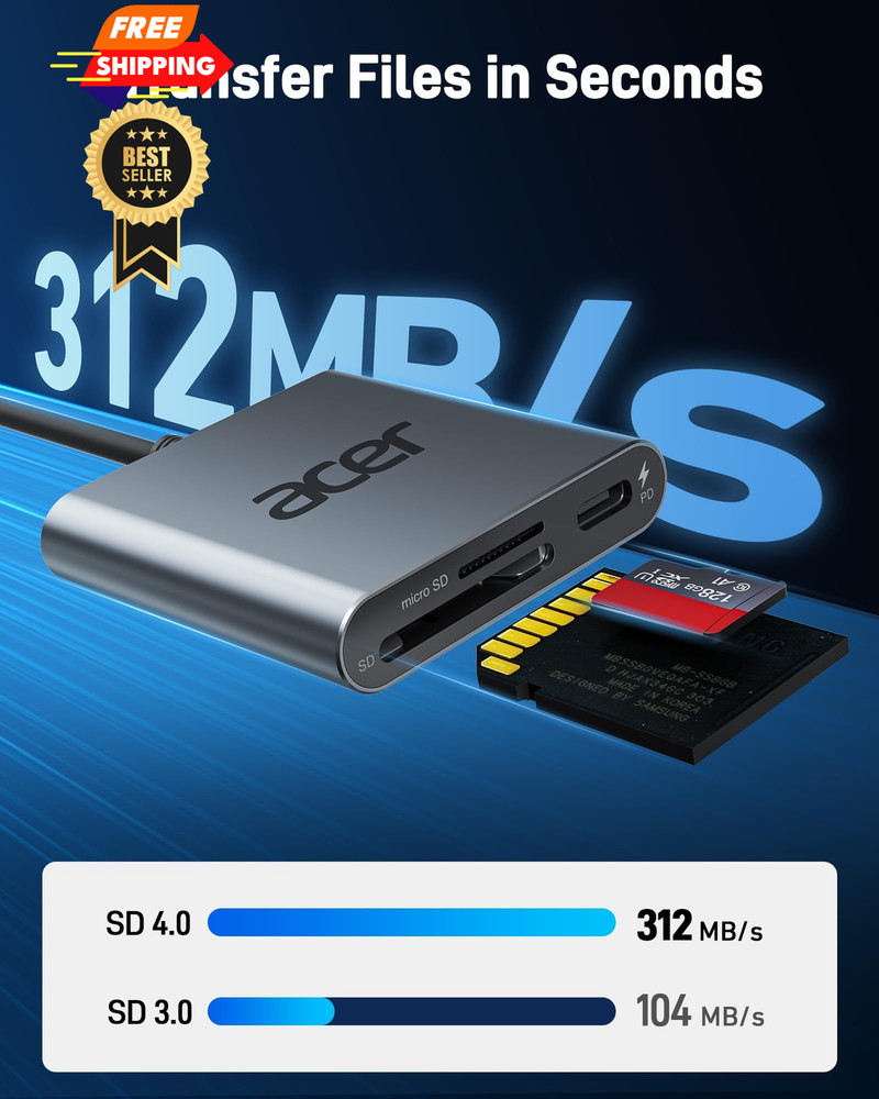 Acer SD 4.0 Card Reader, UHS-II Micro Reader 0.67 * 5.12 * 3.66 inch, Grey