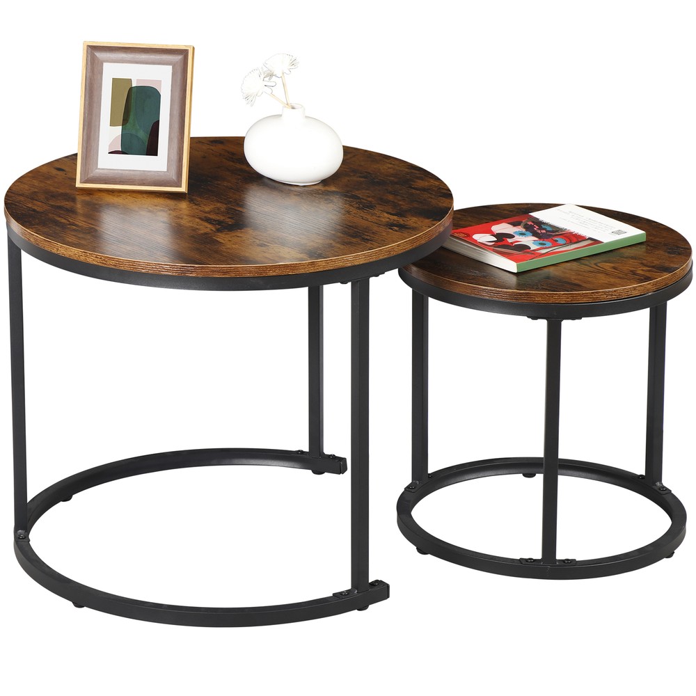 Set of 2 Nesting Coffee Table Round End Side Table for Small Spaces Rustic Brown