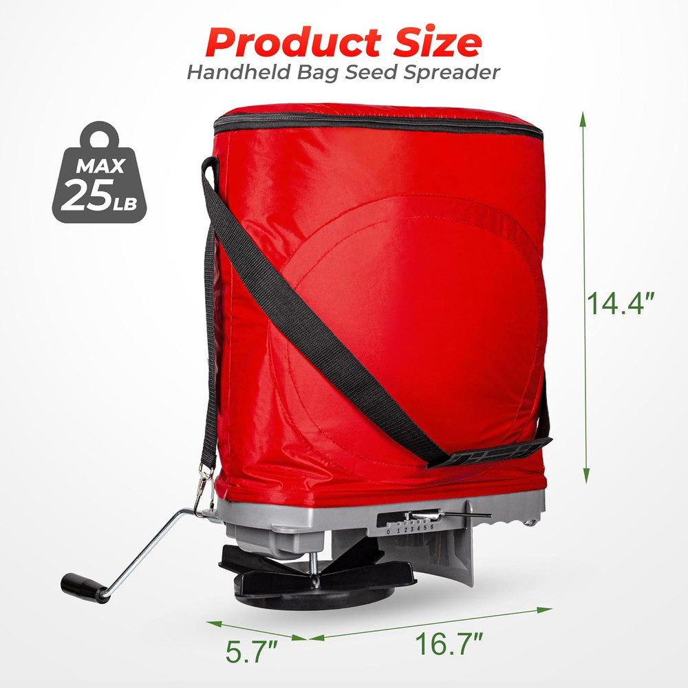 Handheld Seed Spreader with 25lb Bag, Frame Support, Flow Control, Enclosed Gear