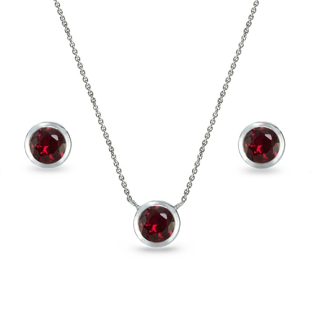 925 Silver Created Ruby 5mm Round Solitaire Dainty Necklace & Stud Earrings Set