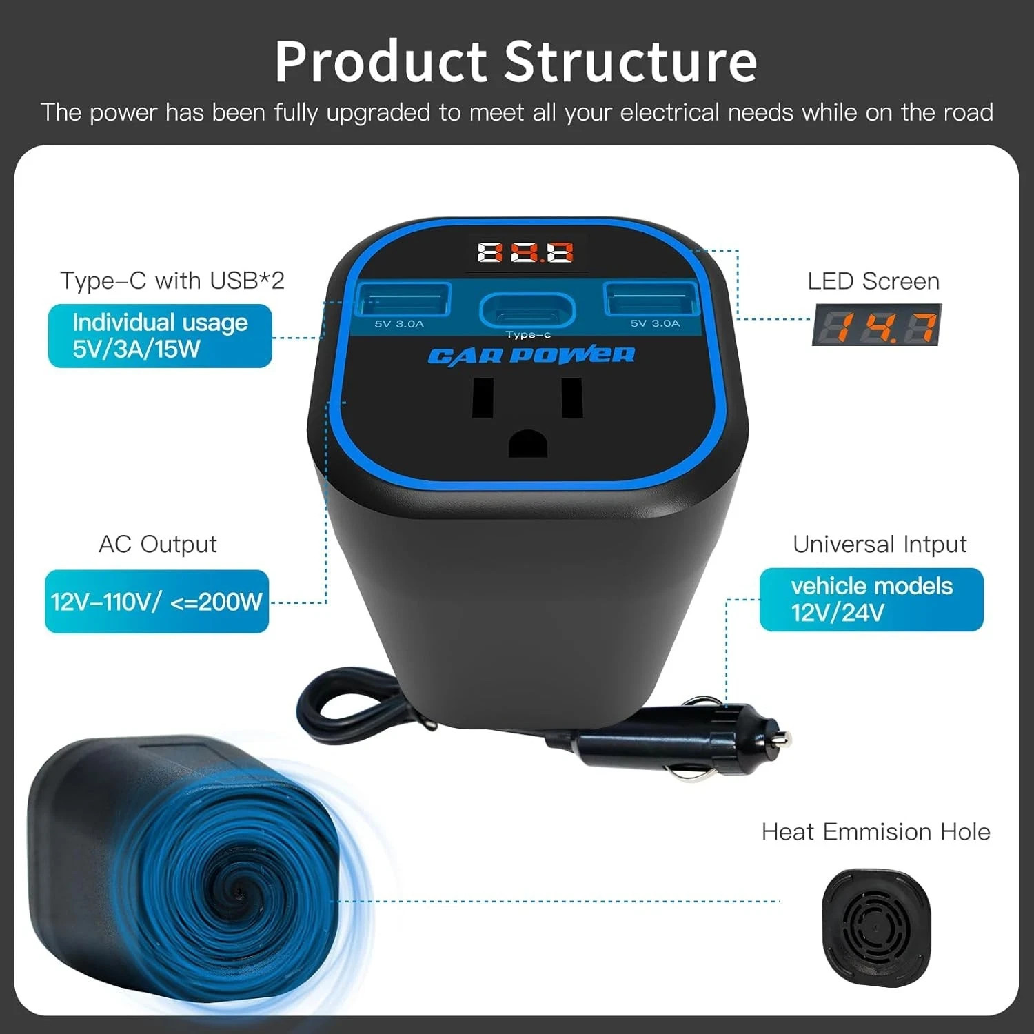 200W Car Power Inverter, Car Outlet Adapter 12V to 110V, Car Outlet Adapter with