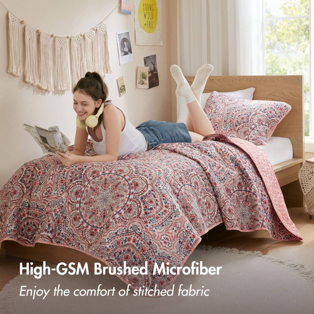 Twin Reversible Quilt Set 2pc Boho Medallion, Soft Polyester Fabric