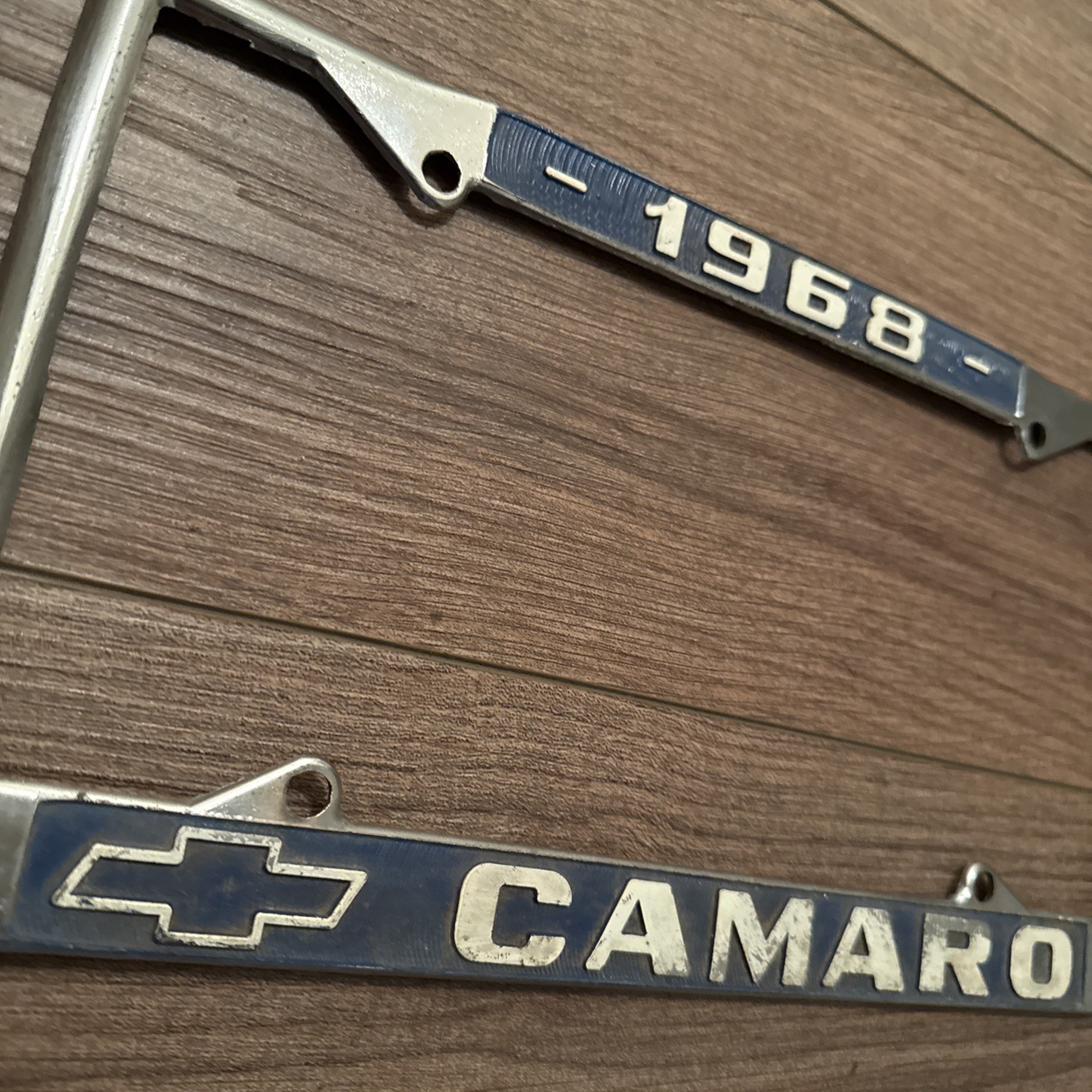 Vintage 1968 Chevrolet Camaro License Plate Frame Chevy Chrome And Blue