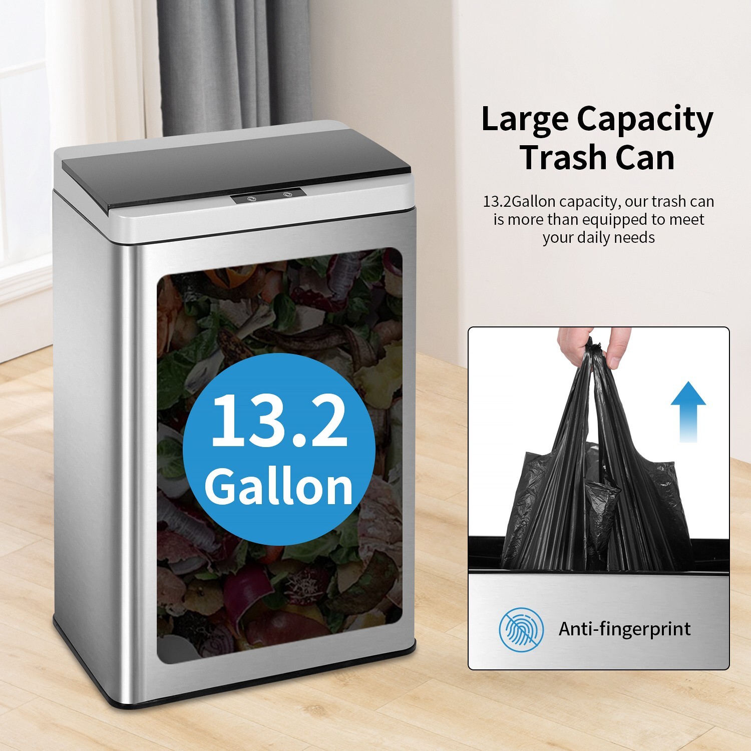 13 Gallon 50 Liter Automatic Touch Free High-capacity Stainless Steel Waste Bin