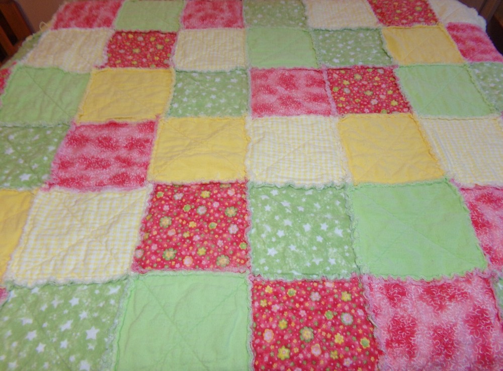 Patchwork QUILT Flannel RAG 56 x 48 Reversible Yellow Gingham & Florals