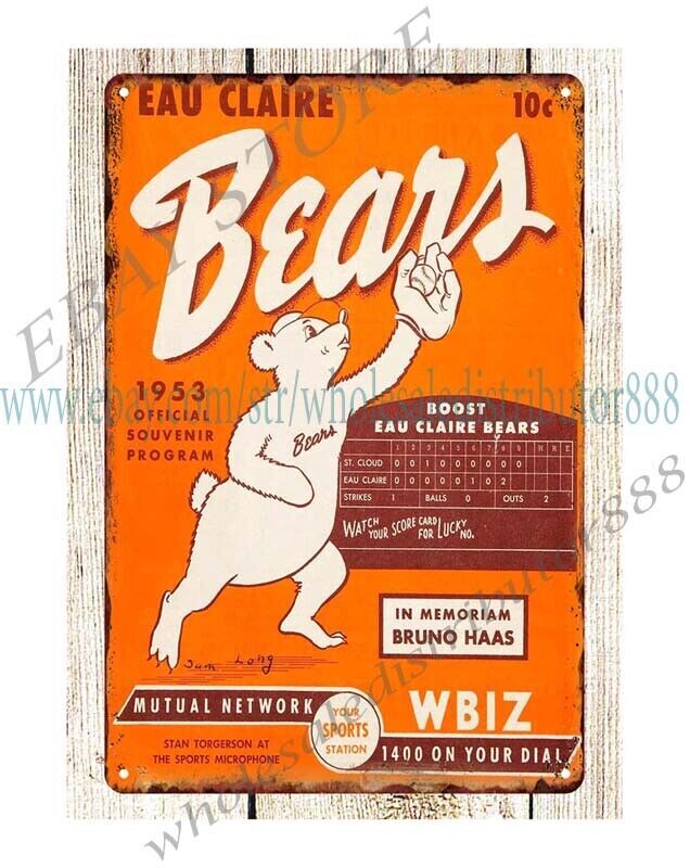 wall decoration 1953 baseball Eau Claire Bears Program metal tin sign