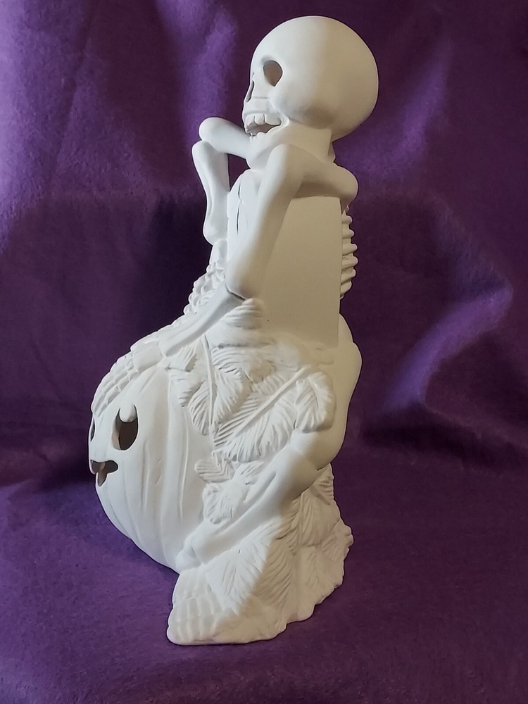 Ceramic Bisque ~ Ready to paint~ Skeleton, gravestone and Pumpkins & light kit