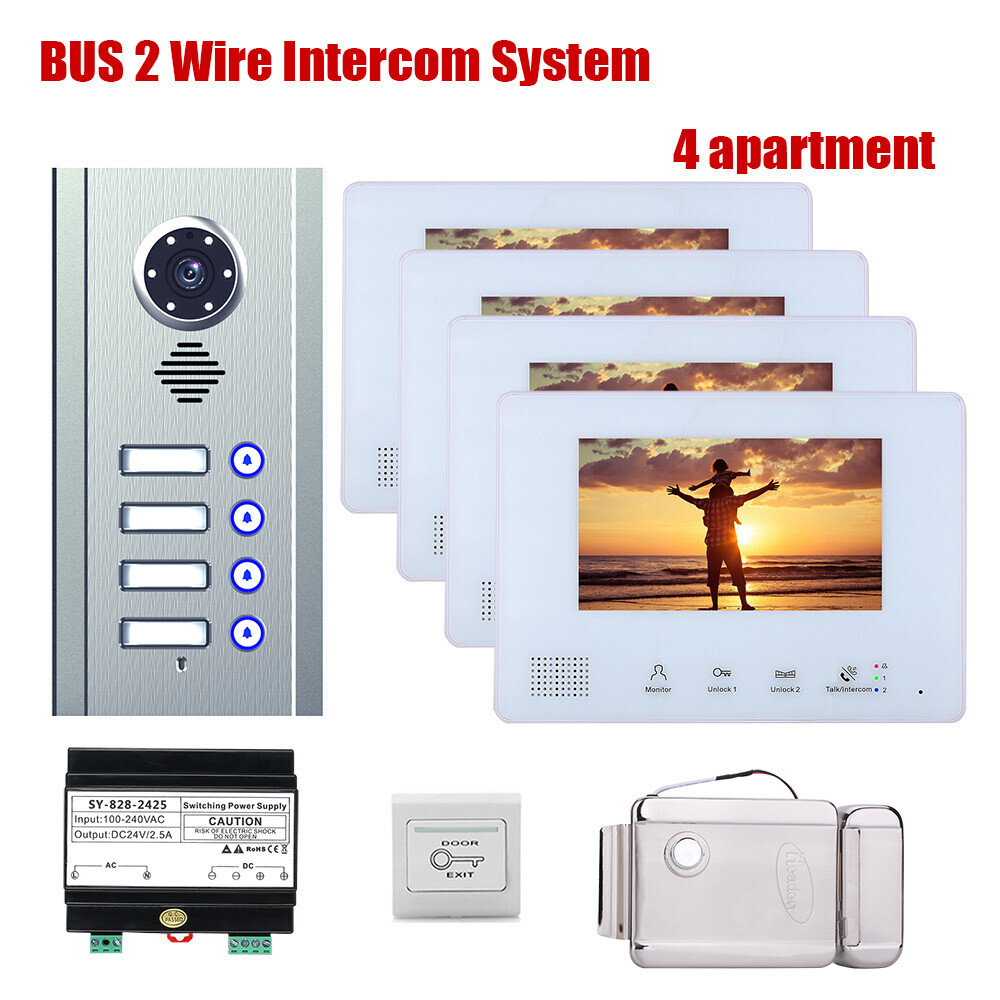 7 Inch BUS 2 Wire Video Phone Intercom Systems Kit  Door With Lock &Exit Button