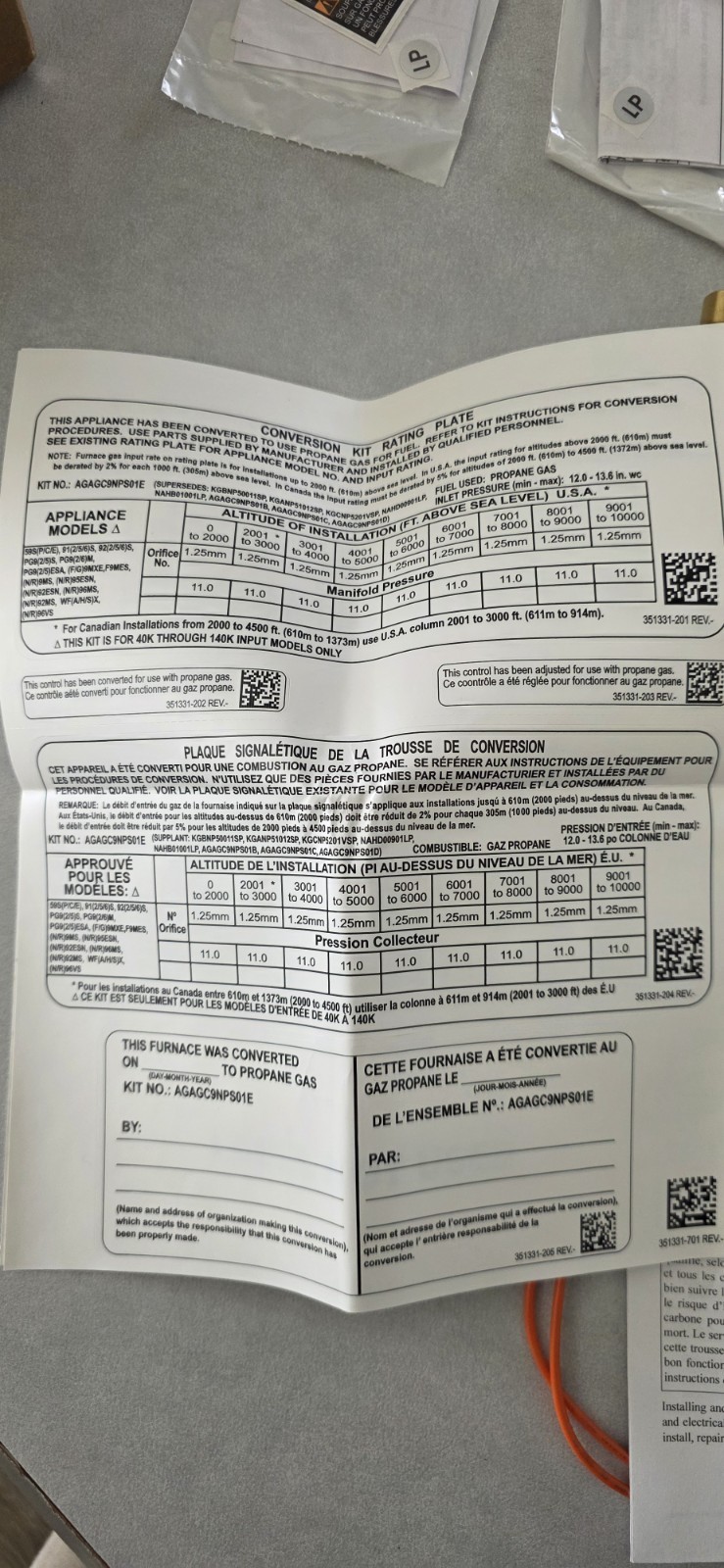 AGAGC9NPS01E Kit Gas CVRSN NATURAL to PROPANE Conversion Kit