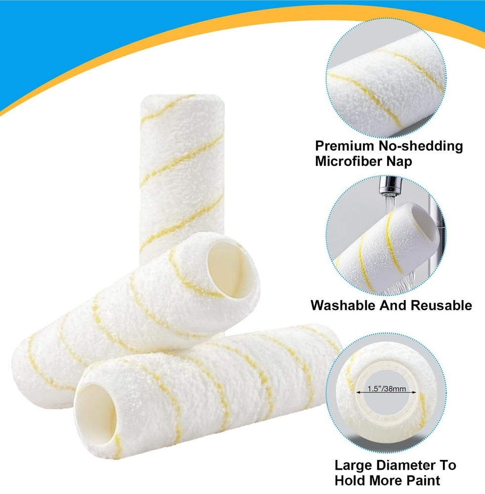 3 Pack 9 Inch Paint Roller Covers 1/2 Inch Nap Microfiber Paint Roller Kit