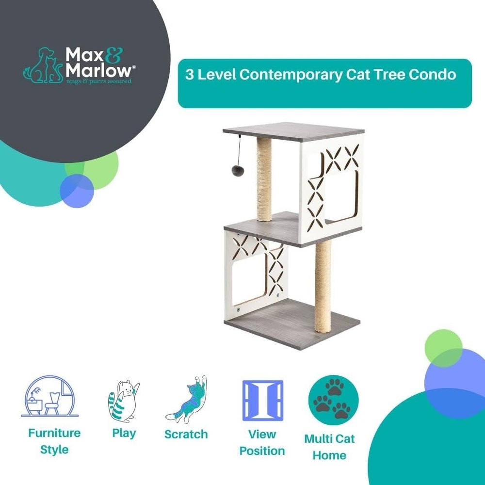 Multi-Level Contemporary Cat Tree 31" Features 2 Sisal-Covered Scratching Posts