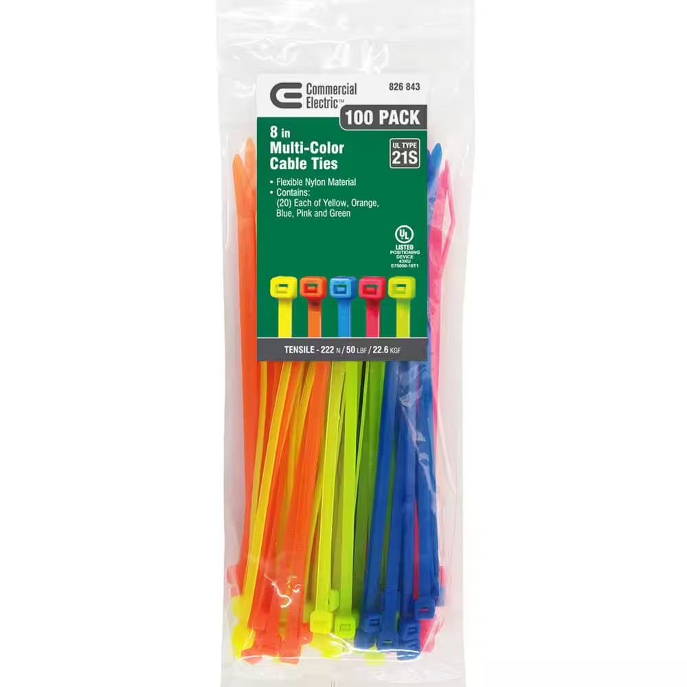 8In Standard Cable Zip Ties 100 COMBO Pack (Assorted Colors)