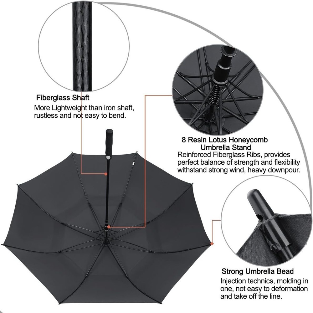 47In Automatic Open Golf Stick Umbrella Oversize Double Canopy Vented Waterproof