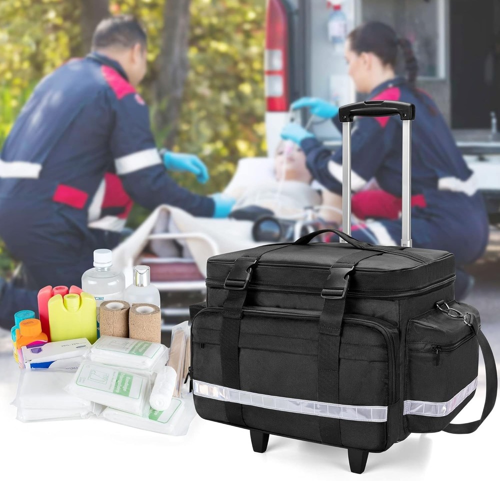 Rolling Medical Bag with Reflective Strips and Multiple Compartments
