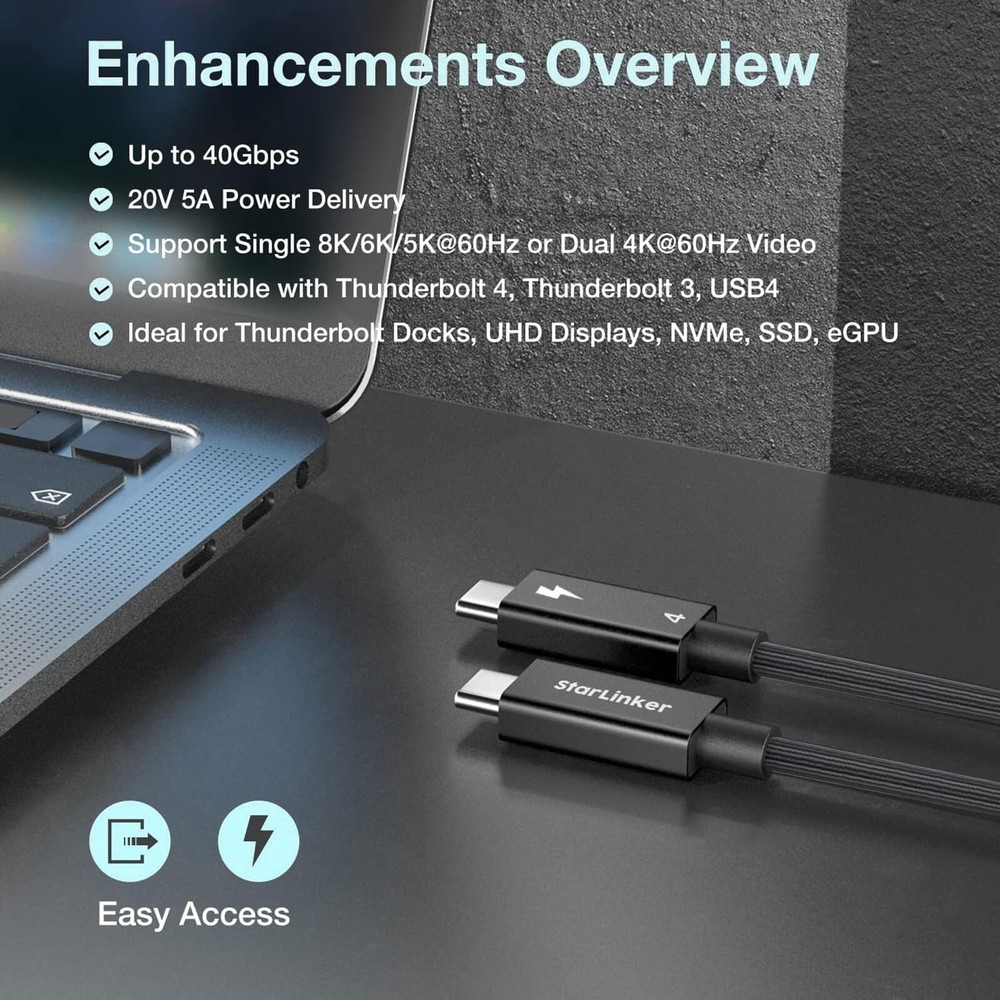 Thunderbolt 4 Cable 40Gbps [10Ft 3M] Braided, PD Charging, High-Speed Data Tr...