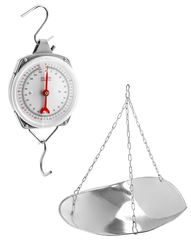 110 Lbs Large Display Spring Dial Weight Scale & Scale Scoop/Chain with Hanging