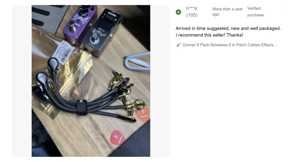 Donner 6 Pack 6" Effects Pedal Patch Cables Noiseless 1/4" Right Angle Lead