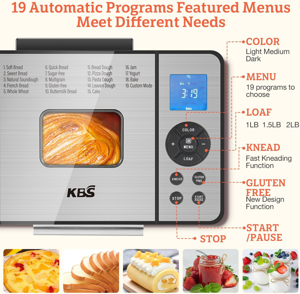 KBS 19-In-1 Programmable Bread Maker,2Lb Large Bread Machine Stainless Steel Wi