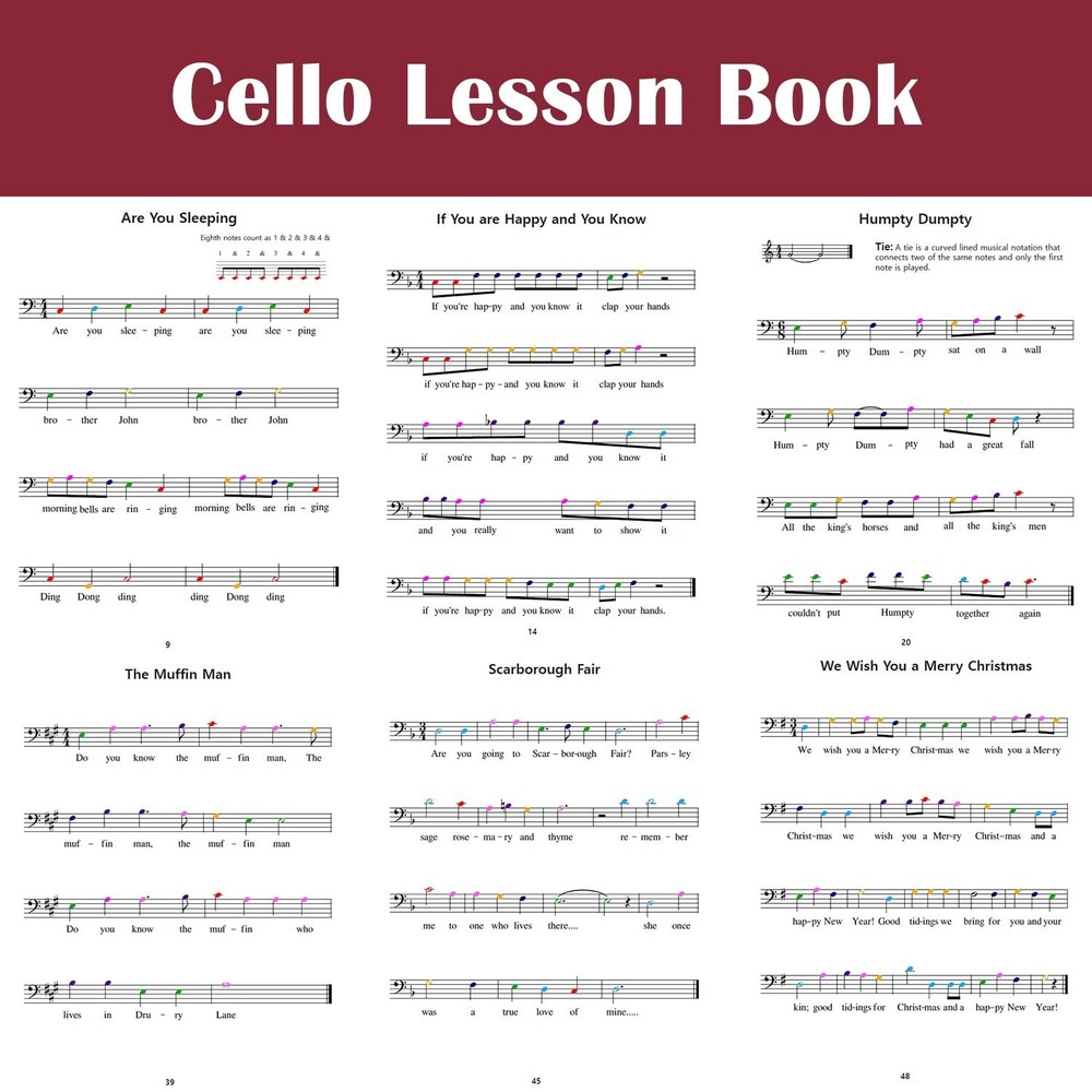 Beginner Cello Lesson Book, 50 Amazing & Popular Songs, Color Coded Notes