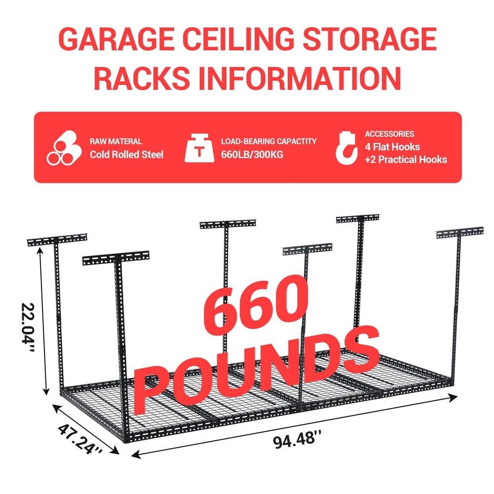 4X8FT Overhead Garage Storage Rack Ceiling Mounted Shelving w/6Vertical Posts