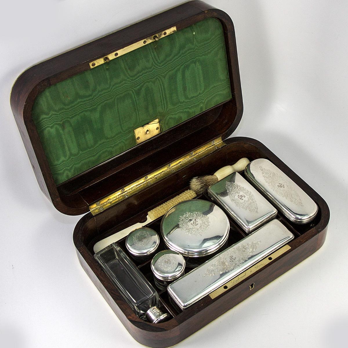 Antique French Vanity Travel Set, Hardwood Case by DUBREUIL, Inkwell & Jars