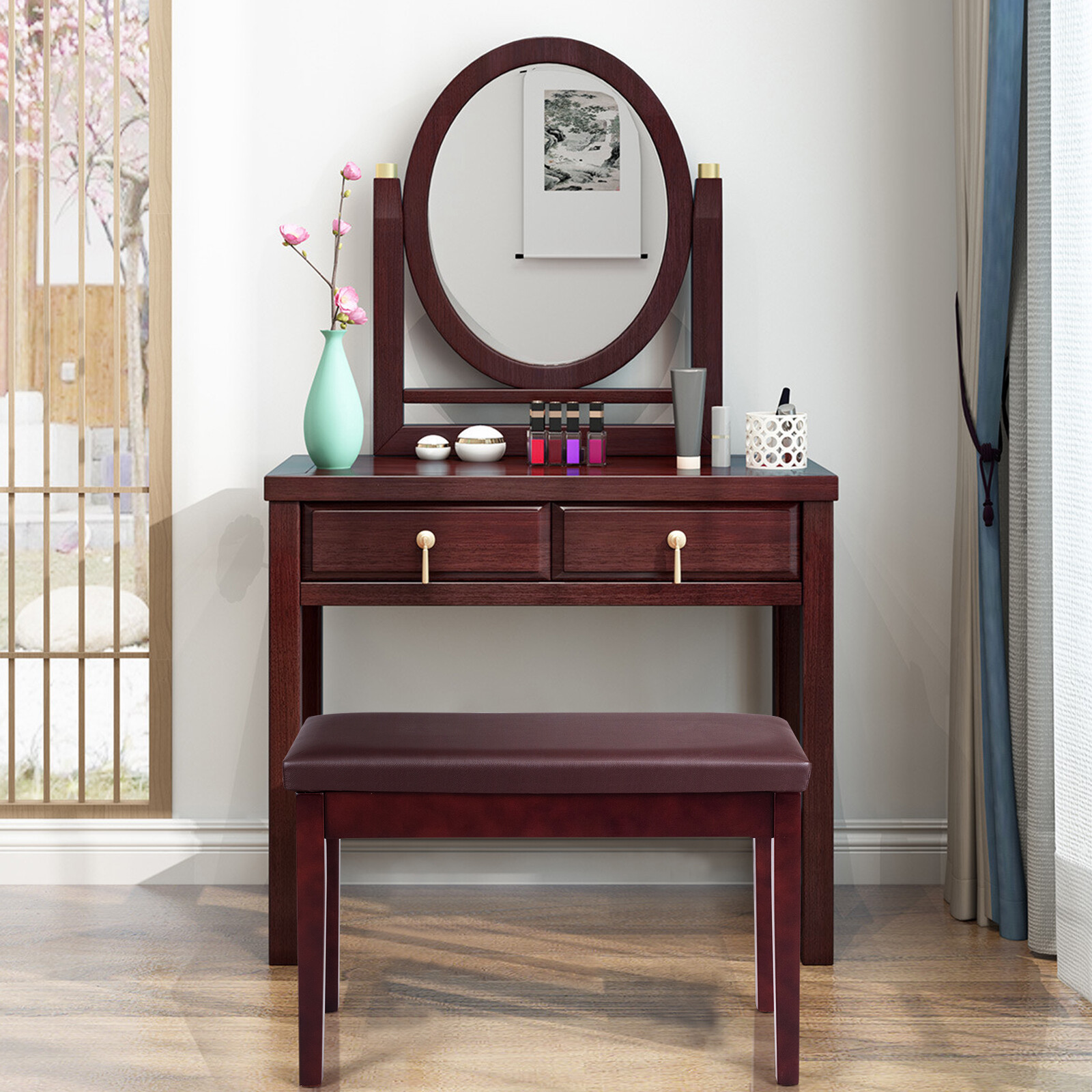 Solid Wood PU Leather Piano Bench Padded Double Duet Keyboard Seat Storage Brown