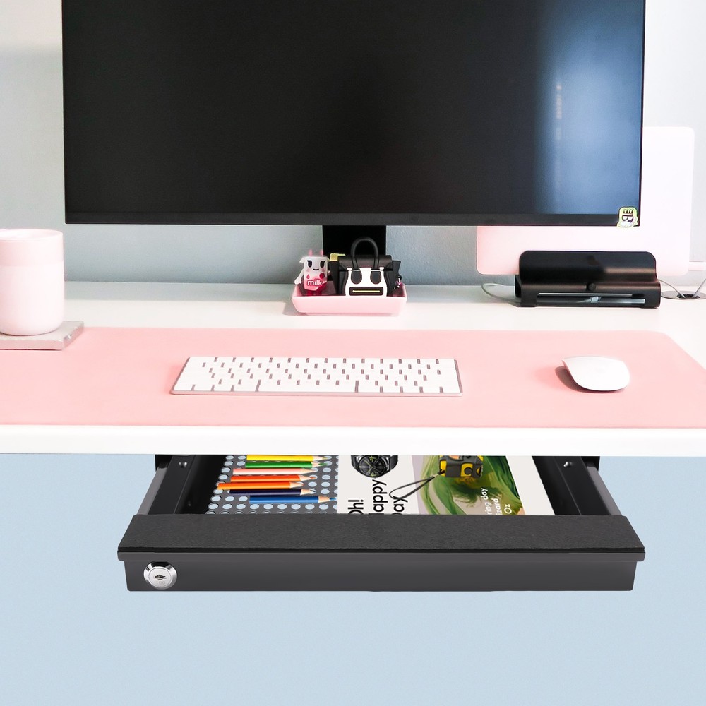 Locking Under Table Drawer Sliding Under Desk Hidden Storage Organizer Black