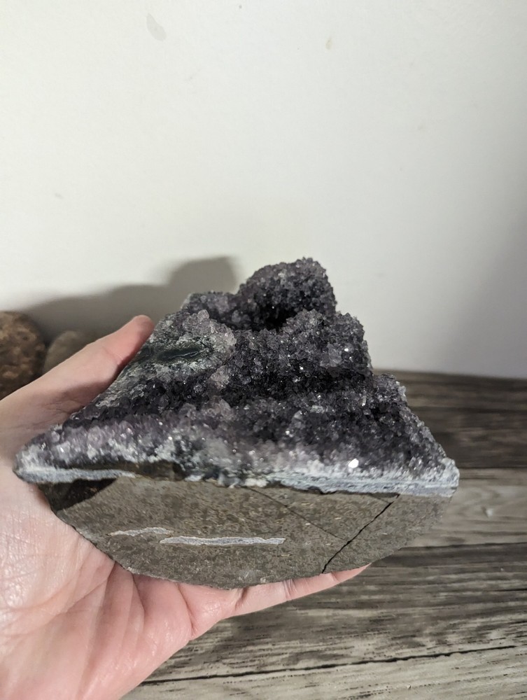 2 Amethyst standing cut base crystals geodes plus 3 oco geodes. 5 pounds lbs