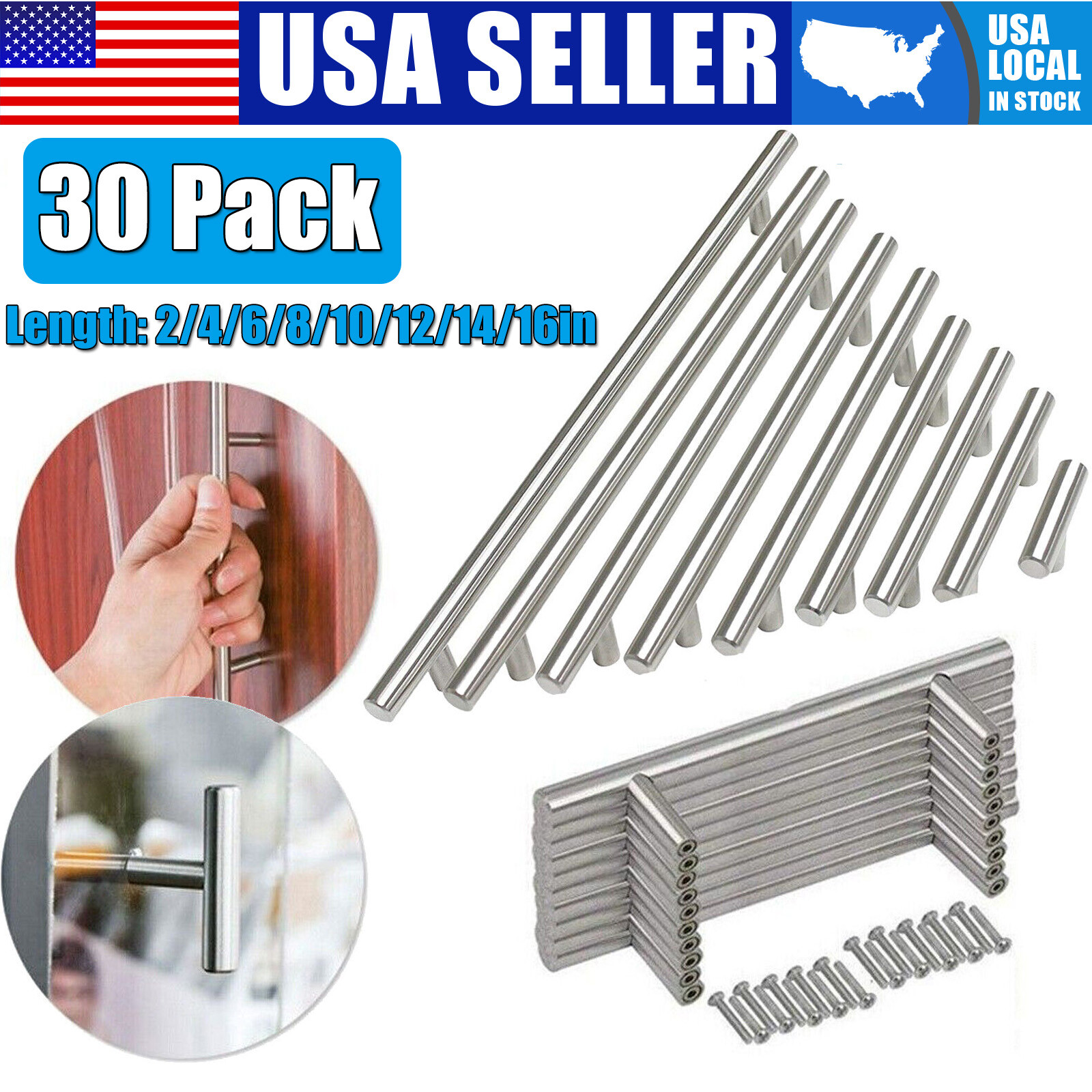 30 PCS 2"-16" Brushed Nickel Cabinet Pulls Stainless Steel Drawer T Bar Handles