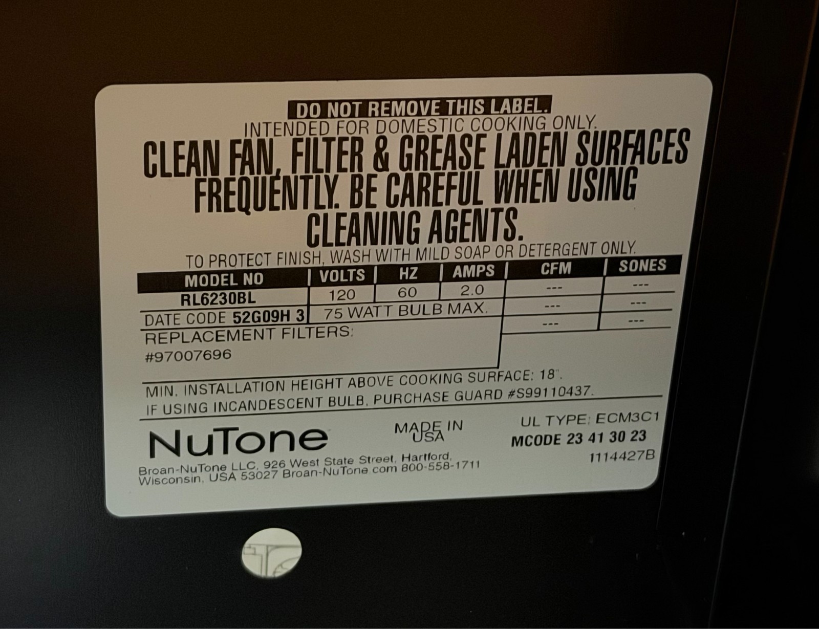 Broan-NuTone RL6200 Series 30" Ductless Under Cabinet Range Hood w/Light - Black