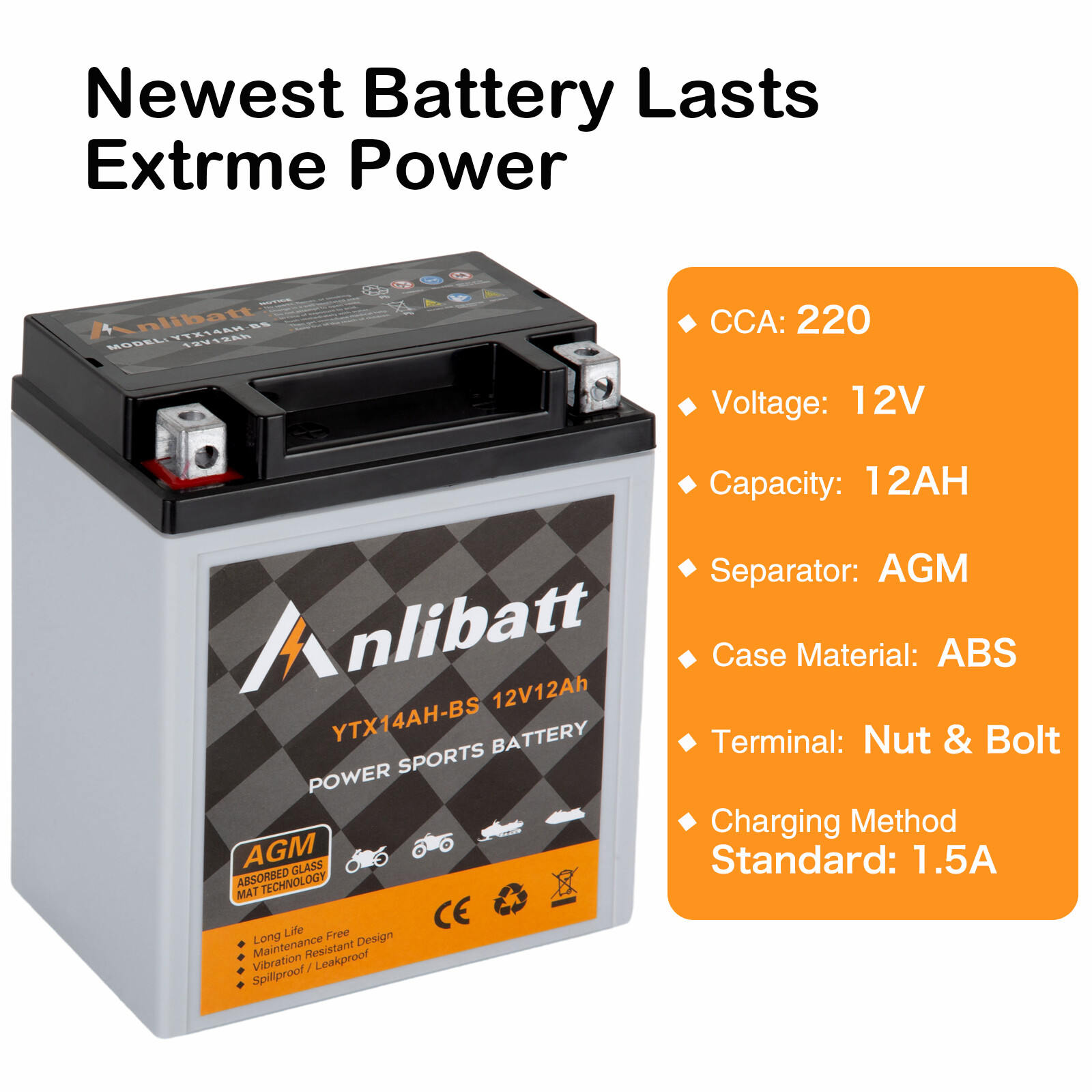 YTX14AH-BS 12V 12Ah Battery, Rechargeable Sealed AGM Battery Maintenance Free