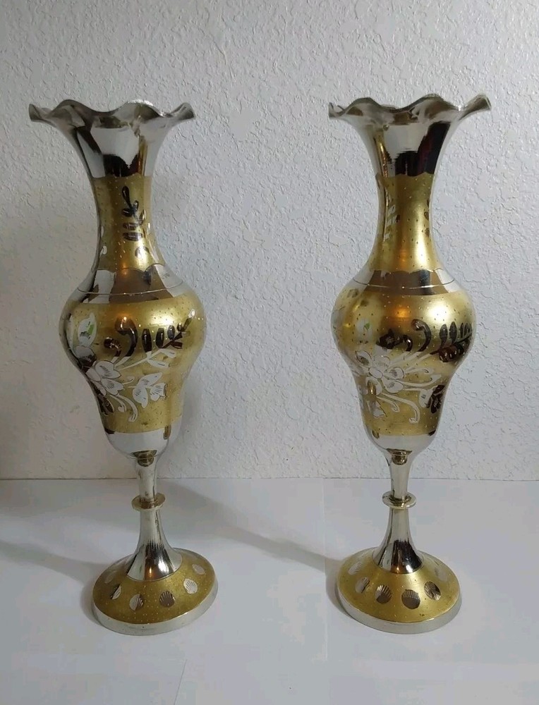 Vtg Middle Eastern Silver over Brass Vase Etched Engraved Set-Nice Shape 11.5 "