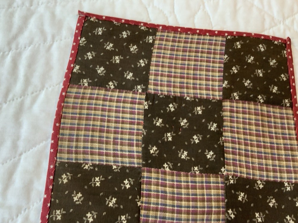 Antique Patchwork Quilt Table Topper, Nine Patch, Brown Florals, Checks