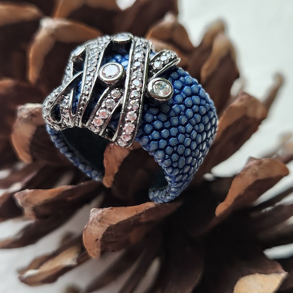 BLUE STINGRAY LEATHER, OXIDIZED STERLING SILVER, WTITE TOPAZ Adjustable Ring