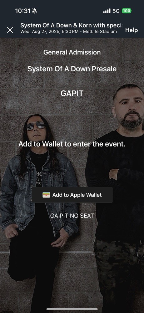 System Of A Down PIT Ticket