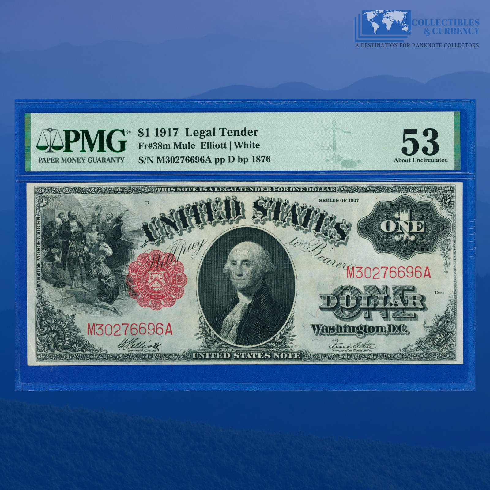 Fr.38m 1917 $1 One Dollar "SAWHORSE REVERSE" Legal Tender Note, PMG 53 #76696