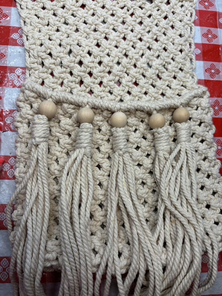 Vintage Macrame Wall Hanging Storage Basket with Bead Design Hobo
