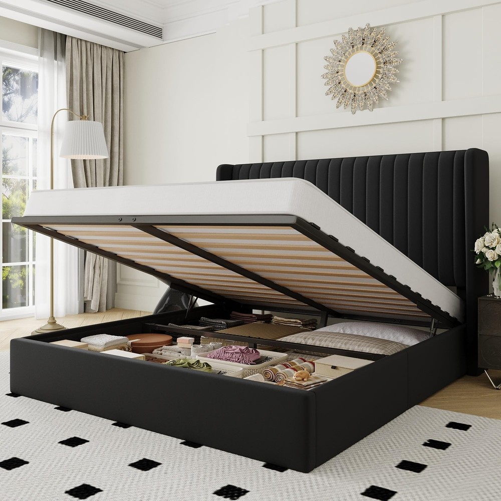 Queen Size Lift Up Storage Bed Frame, Hydraulic Support System, Upholstered P...